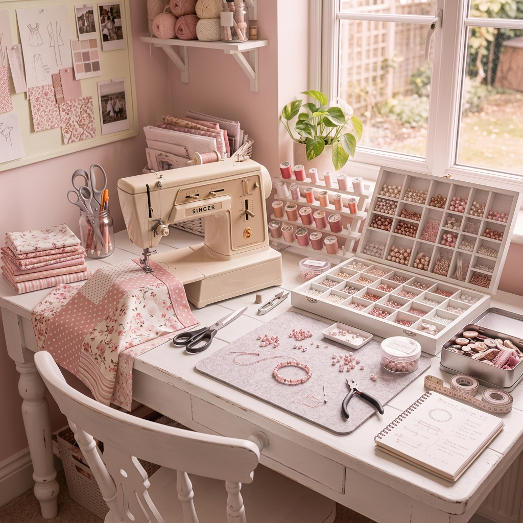 Sewing machine with floral fabric, colorful threads, beads, scissors, and notebook on wooden table by window