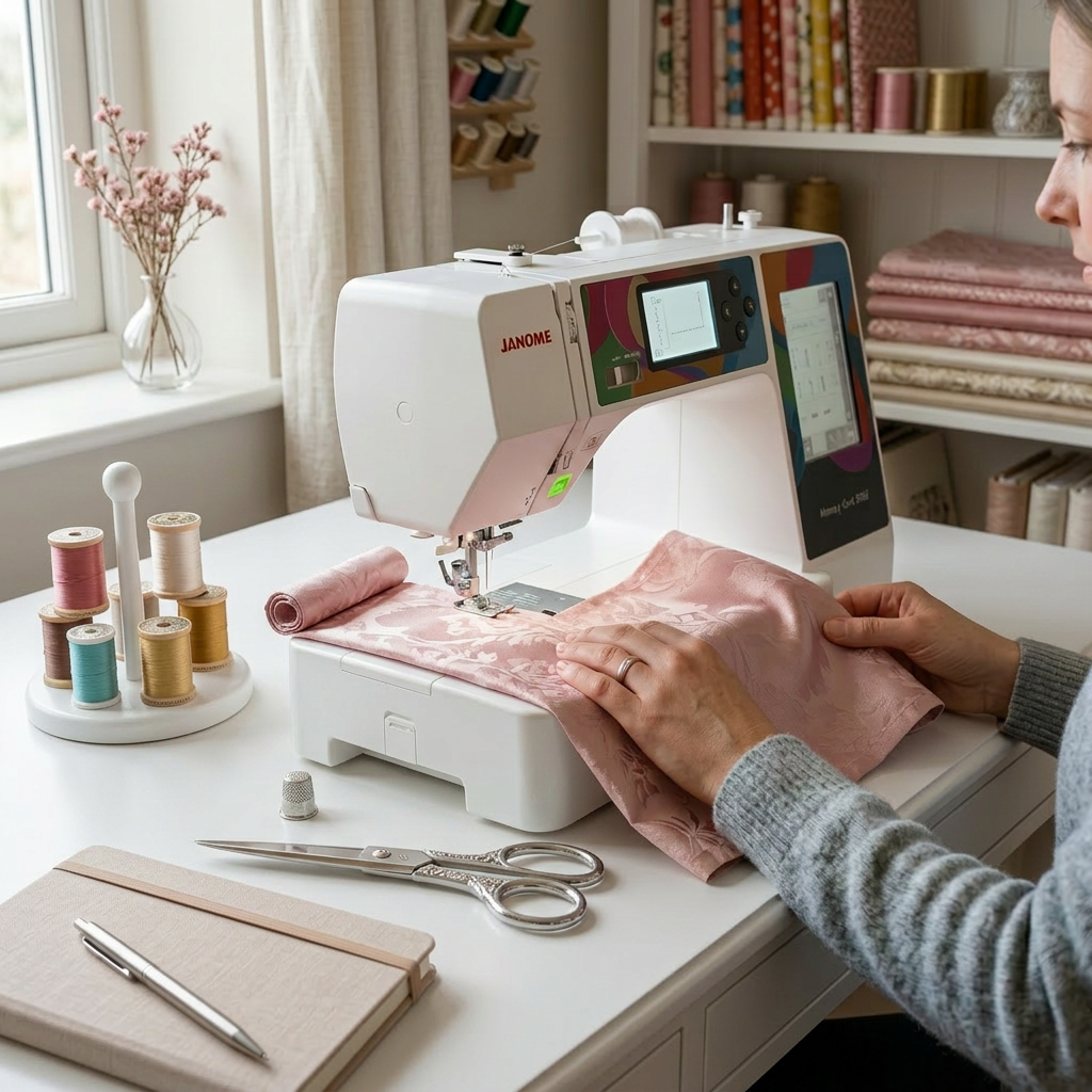 Person guiding pink patterned fabric through Janome sewing machine on wooden table