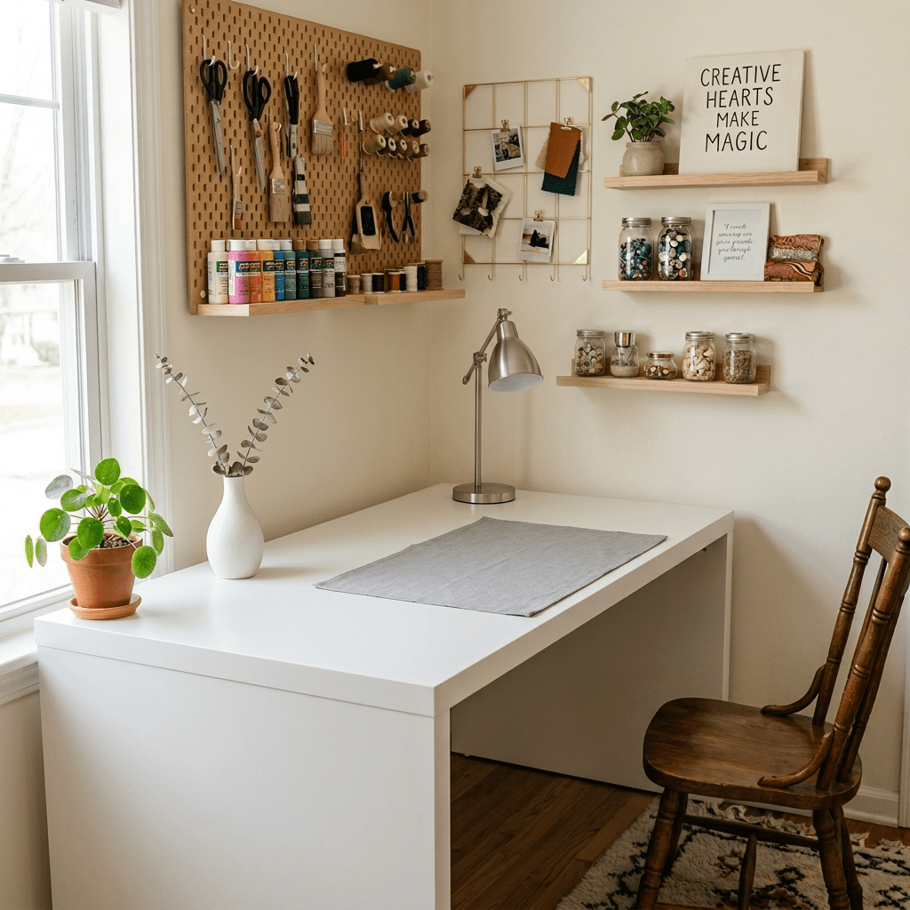 Woman stitching floral embroidery in a cozy craft workspace